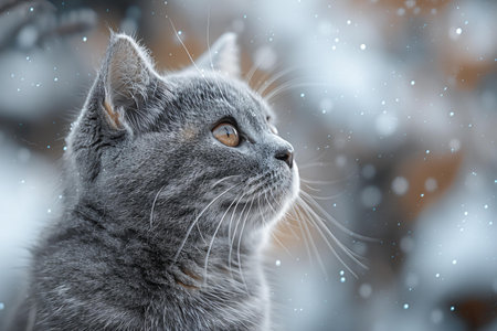 Beautiful gray cat on a background of a winter landscape. Snowfall.の写真素材