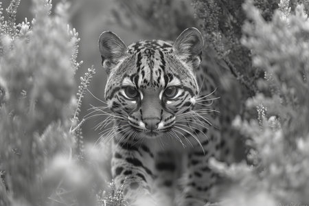 Leopard in the bush, black and white image, selective focusの写真素材