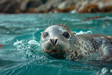 Close up of a seal swimming in the water. (Phoca vitulina)