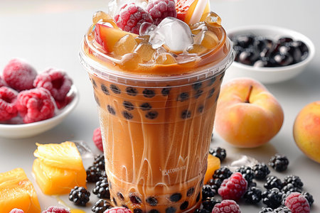 Glass of bubble tea with ice cubes and berries on table, closeupの写真素材