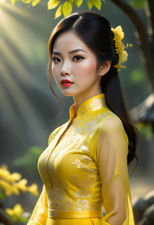 Beautiful asian woman in yellow Chinese dress, close up portraitの写真素材