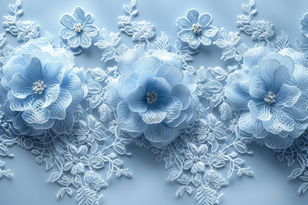 Blue paper flowers and lace on blue background. 3D illustration.の写真素材