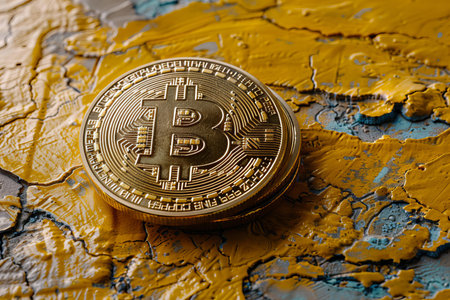 Golden bitcoin on a background of yellow paint. Cryptocurrency concept.の写真素材