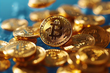Golden Bitcoin coins on a blue background. Cryptocurrency concept.