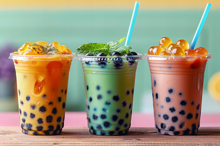 Iced Thai Milk Tea with Bubbles in Plastic Cups and Straws