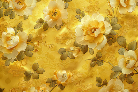 Seamless pattern with yellow roses and butterflies on golden background.