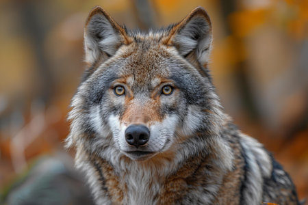 Portrait of a gray wolf in the autumn forest. Close-up.