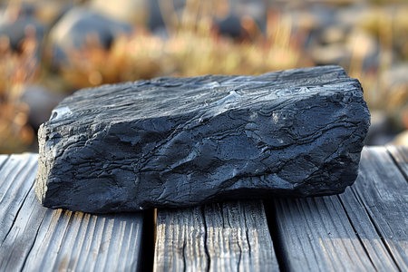 Natural black coal on a wooden table in the field. Natural background.
