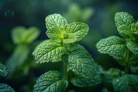 Pepper mint leaves in the garden. Selective focus and shallow depth of field.