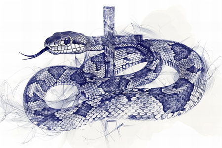 Viper snake with cross on white background, digitally rendered illustration.の写真素材