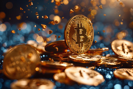 Golden Bitcoin on blue bokeh background. Cryptocurrency concept.の写真素材