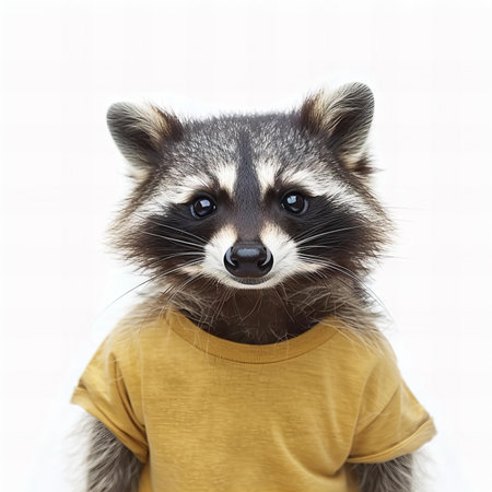 portrait of a raccoon in a yellow t-shirt on a white backgroundの写真素材
