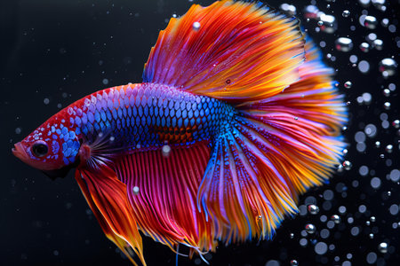 Capture the moving moment of red-blue siamese fish isolated on black background.の写真素材