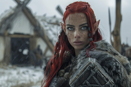 Portrait of a girl with red hair in the village in winter
