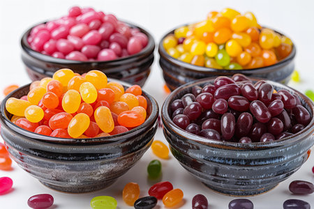 Colorful candies in bowls on white background. Close up.の写真素材