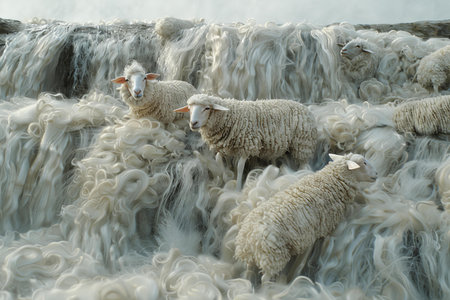 Flock of sheep on a waterfall.の写真素材
