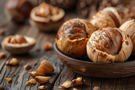 Baked chestnuts with chocolate and nuts on wooden table, closeup
