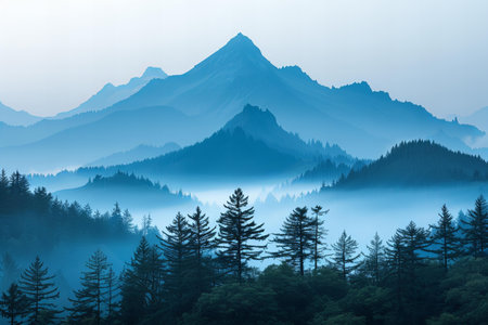 Foggy morning in the mountains with coniferous forest.の写真素材