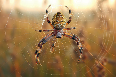 Spider on the web in the meadow at sunset. Nature background