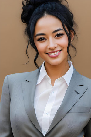 portrait of smiling young asian businesswoman in grey suit looking at cameraの写真素材