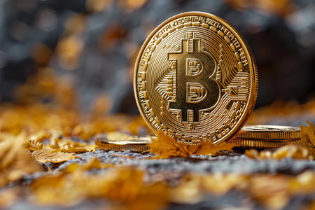 Golden bitcoin on the background of gold leaves. Cryptocurrency concept.の写真素材