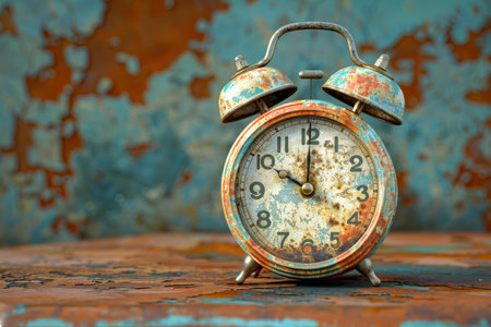 Vintage alarm clock on the table in the room. Selective focus.