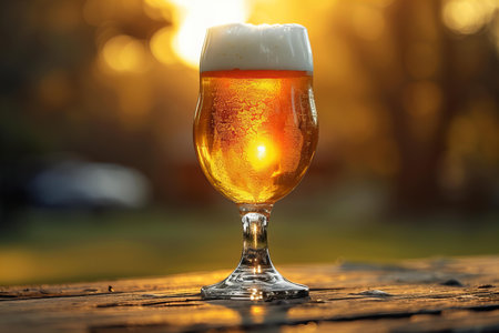 Glass of beer on a wooden table at sunset. Close-upの写真素材