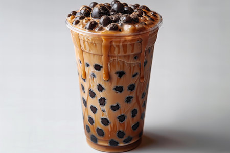 Iced Thai Milk Tea with Bubbles on a White Background.