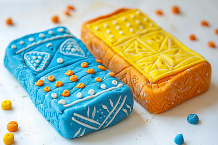 Colorful handmade soap bars on a white background, selective focus.