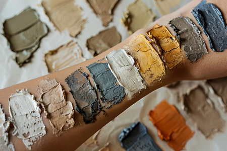 Close-up of a woman's hand with a palette of different colorsの写真素材