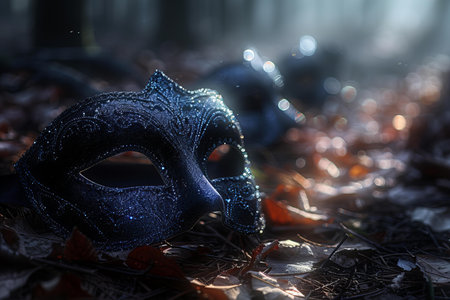 Black carnival mask on the ground in the forest at night.の写真素材
