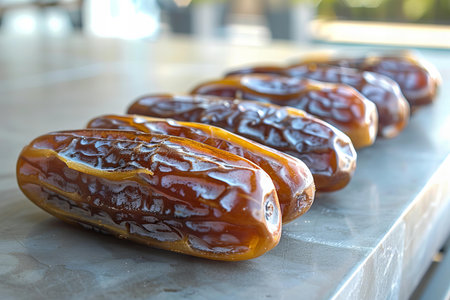 Dates fruit in a row on a marble counter in a restaurant