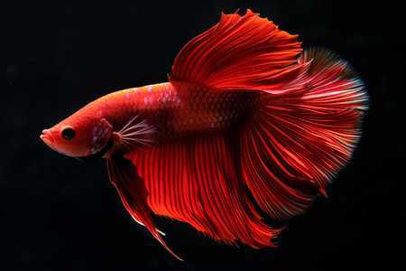 Capture the moving moment of red siamese fighting fish isolated on black background. betta fish.の写真素材