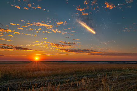 Beautiful sunset over the field. Beautiful sky with clouds and stars.