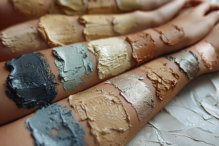Paint smears on womans legs, closeup. Body care