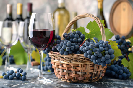 Wine composition with grapes in basket and bottle of wine on table