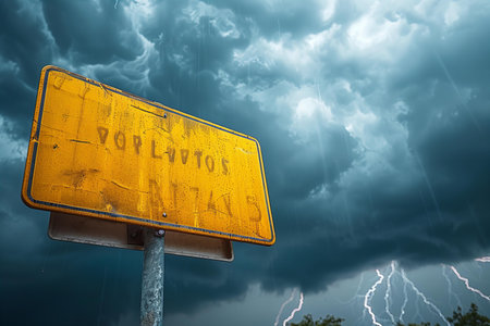 Conceptual image of stormy sky with a warning sign.の写真素材