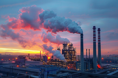 Power plant with smoking chimneys at sunset, Moscow, Russia.