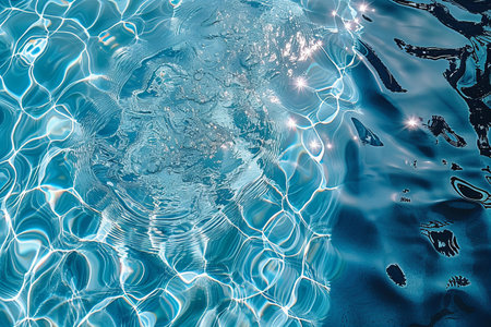 Blue rippled water surface with sun reflections. Abstract background.の写真素材