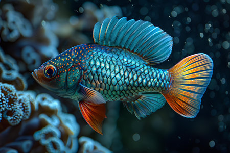 Tropical fish in aquarium. Beautiful colorful underwater world with corals and tropical fish.