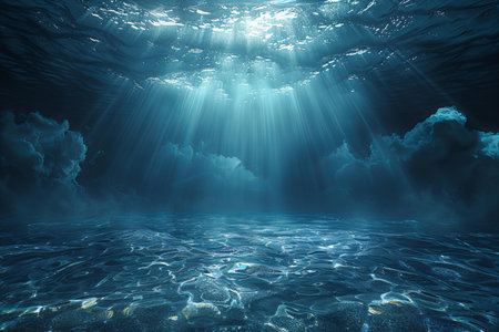 Underwater scene with sunbeams and blue sea. 3d renderingの写真素材
