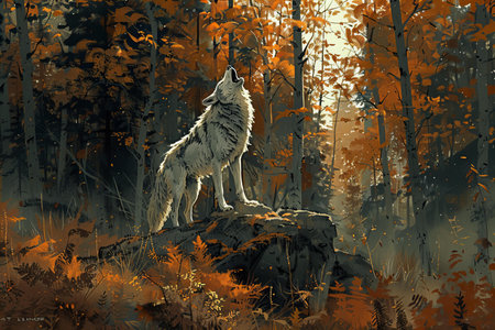 Digital painting of a wolf in the forest. Wildlife scene from nature.