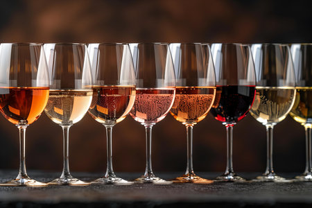 Glasses with different wines on dark background, closeup. Alcohol drinkの写真素材