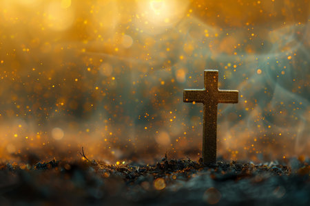 Wooden cross on the ground in the forest at sunset.の写真素材