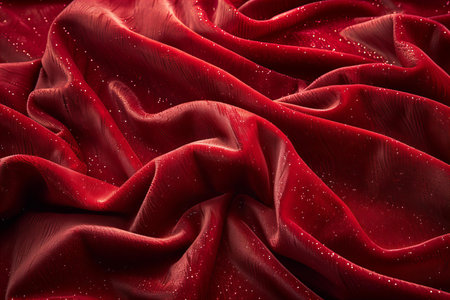 Red satin fabric with sparkles close-up, abstract backgroundの写真素材
