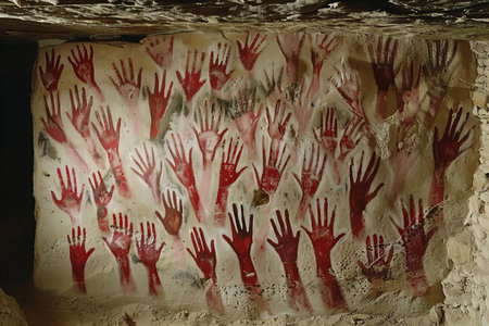 Hands painted in red on the wall in an abandoned building.の写真素材