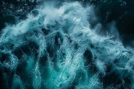 Stormy sea. Blue waves in the ocean. Aerial view.