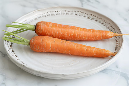 Fresh carrots in a white ceramic plate on a white marble table.の写真素材