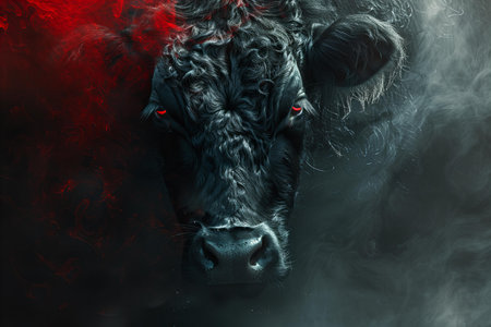 black cow with red eyes on a dark background with smoke and fireの写真素材