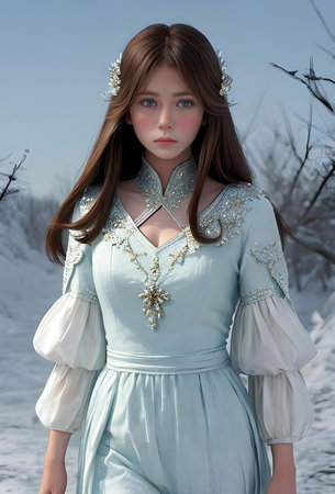 Beautiful young girl in a blue dress in the winter forest.の写真素材